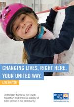 "Smiling young girl in bright pink helmet hangs onto wall at ice rink"