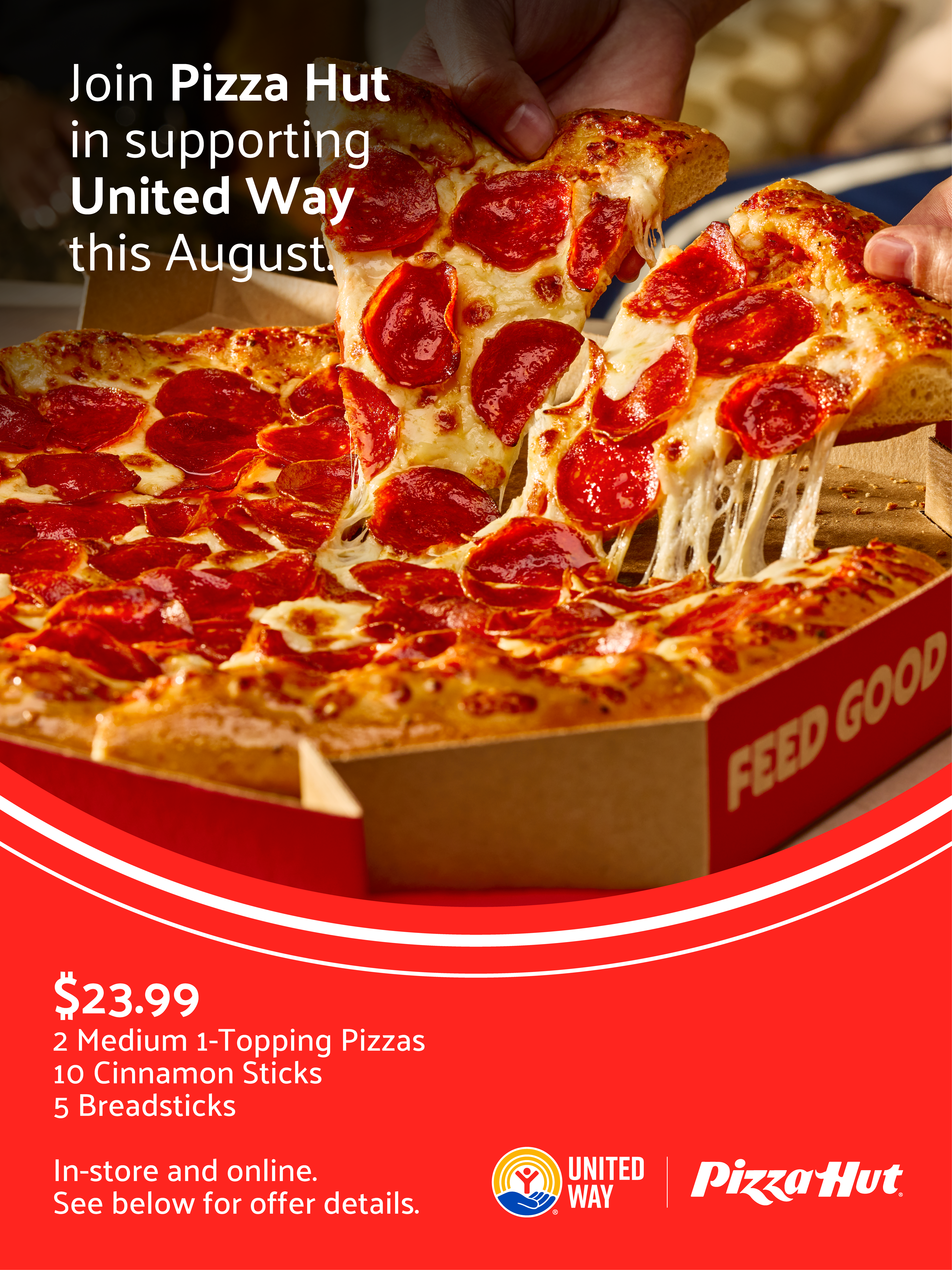 Close-up of a box of Pizza Hut pepperoni pizza and a bundle meal deal to support United Way
