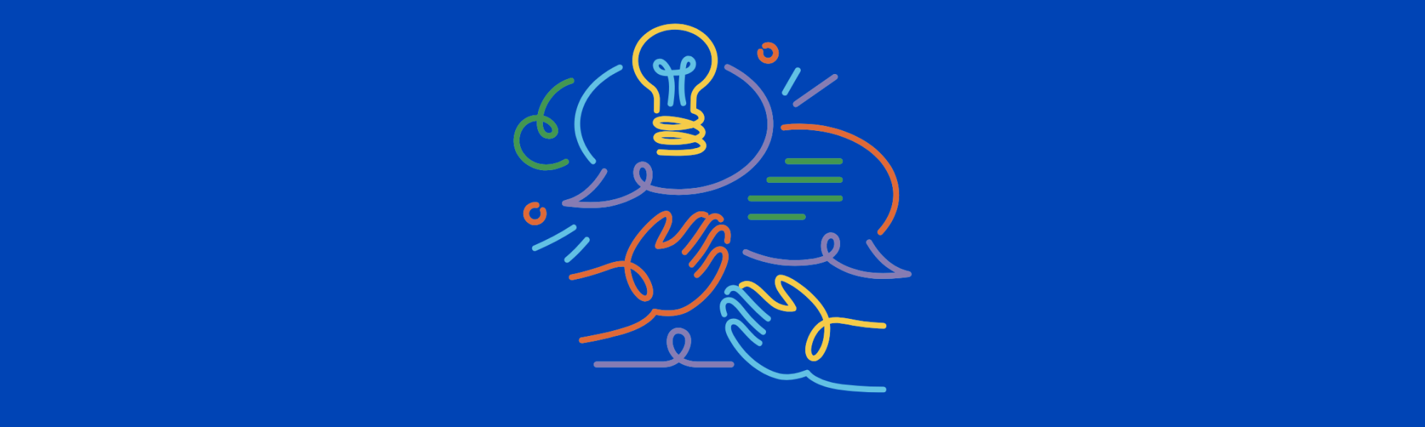 Graphic of hands and lightbulb and conversation bubble and squiggly lines
