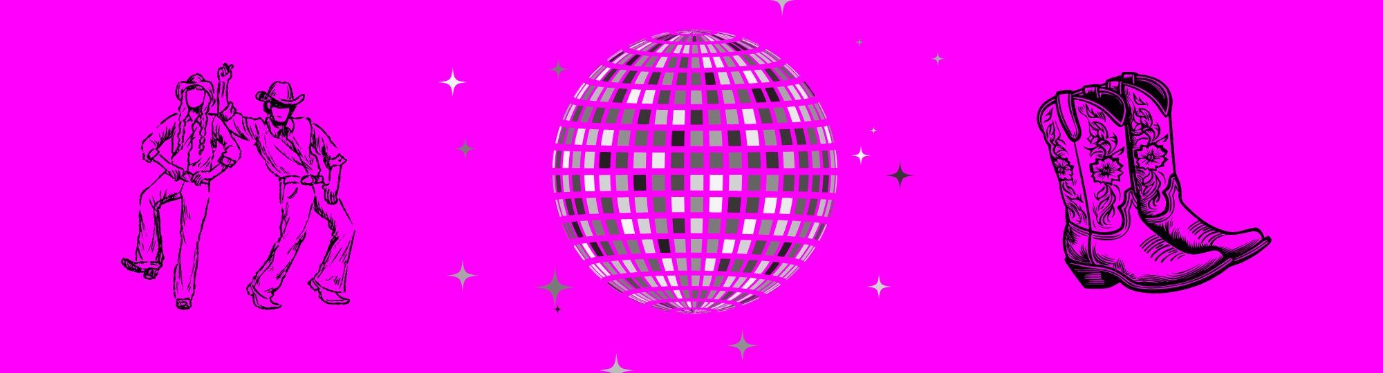 pink background with cowboy and cowgirl dancing and glitter ball